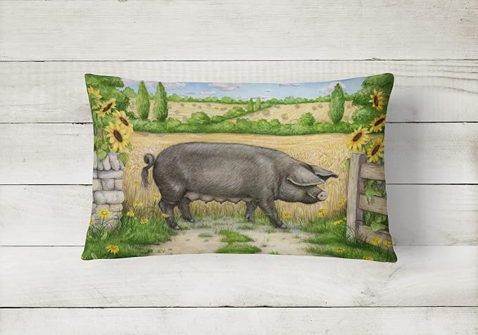 Caroline's Treasures CDCO0373PW1216 Black Pig with Sunflowers Canvas Fabric Decorative Pillow Machine Washable, Indoor Outdoor Decorative Pillow for Couch, Bed or Patio, 12HX16W