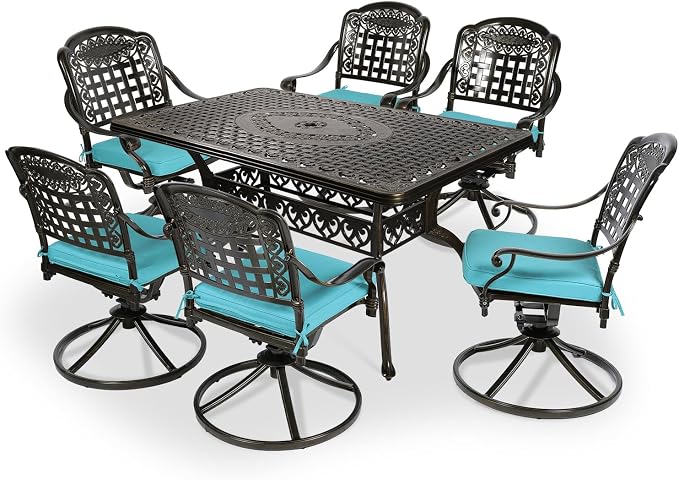 VIVIJASON 7-Piece Outdoor Furniture Dining Set, All-Weather Cast Aluminum Patio Conversation Set, Include 6 Swivel Dining Chairs and a Rectangle Table with Umbrella Hole, Ocean Blue Cushion