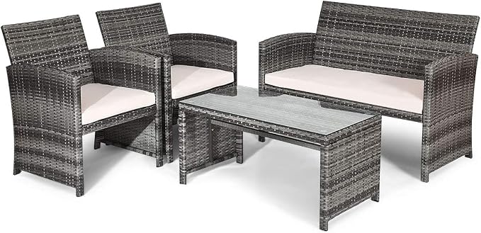 Goplus Rattan Patio Furniture Set 4 Pieces, Outdoor Wicker Conversation Sofa and Table Set with Soft Cushions & Tempered Glass Coffee Table for Balcony Garden Backyard (Beige(Mixed Color Wicker))