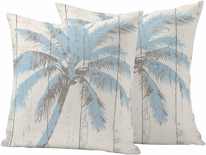 Palm Trees Outdoor Waterproof Throw Pillow Covers Set of 2, 16"x16", Light Blue Vintage Wood Grain Decorative Pillow Covers Outside Cushion Case for Patio Porch Garden