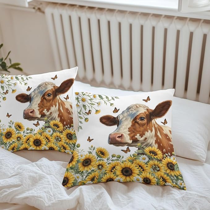 Cow Animal Outdoor Pillow Covers 18"x18" Set of 2, Yellow Sunflower Farmhouse Daisy Butterfly Waterproof Throw Pillow Covers for Patio Furniture, Decorative Cushion Covers for Porch