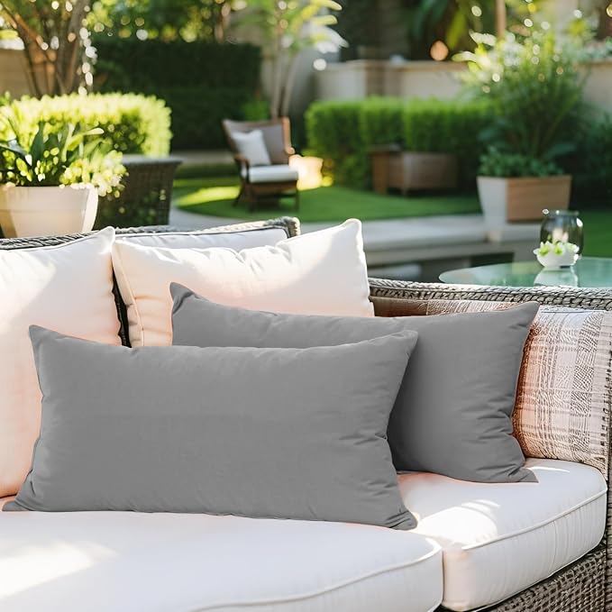 SK Studio Outdoor Water Resistant Throw Pillows, Decorative Patio Lumbar Cushions, Fluffy Furniture Garden Cushions for Home Patio Coach Sofa Use, Pack of 2, Light Grey, 20x20 Inch