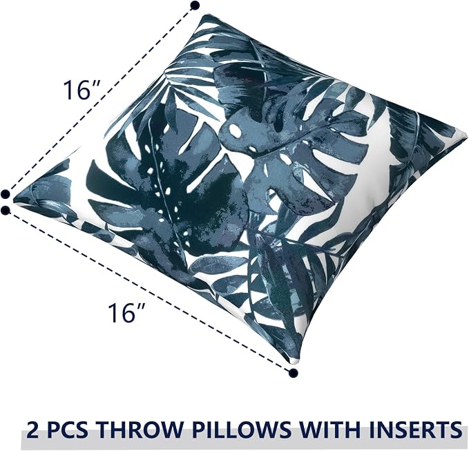 Outdoor Pillows for Patio Furniture 16x16 inch, Square Outdoor Throw Pillows with Inserts, Decorative Patio Pillows for Garden Couch Home Sofa Office Chair, Pack of 2, Palm Blue