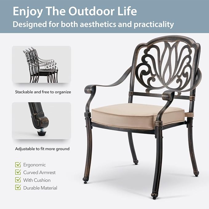 5-Pcs Cast Aluminum Patio Dining Set for 4, 54" Round Table,Bronze | Outdoor Furniture Set Include Dining Table and 4 Stackable Chairs with Cushions & Umbrella Hole