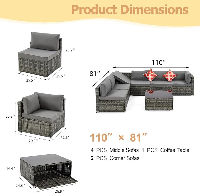 HOMREST 7 Piece Patio Furniture Set with Adjustable Bracket All-Weather Wicker Conversation Set with Coffee Table for Porch Garden Backyard (Gray)