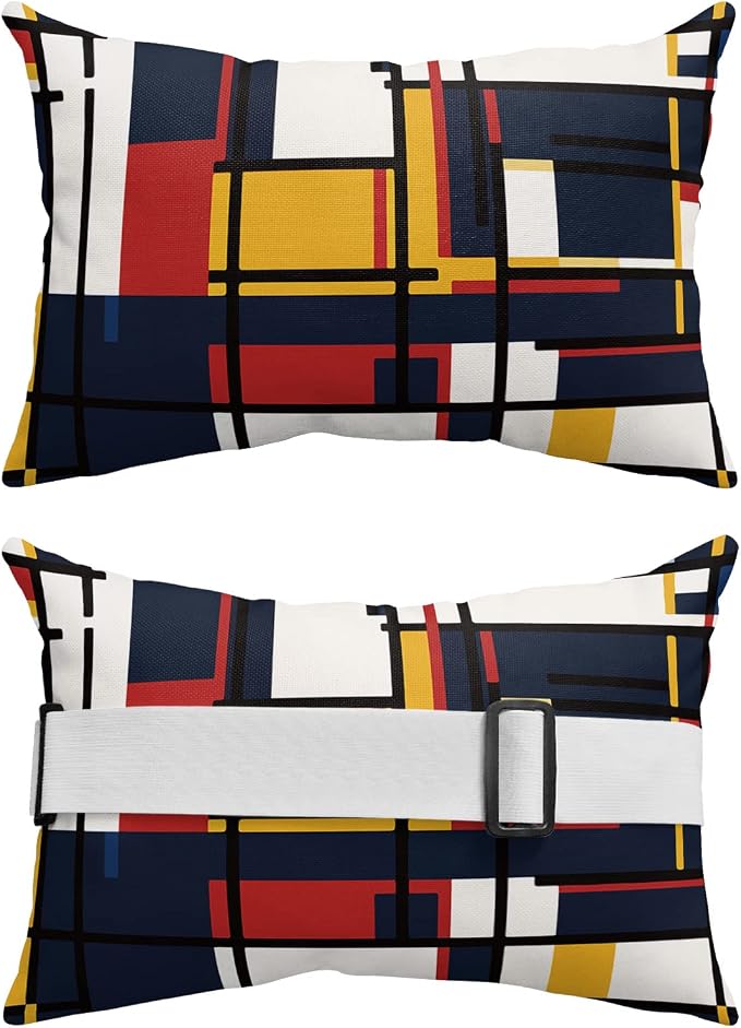 Outdoor Pillows Covers with Inserts Abstract Geometric Blue Orange Red Blocks Waterproof Recliner Pillow with Adjustable Strap Throw Pillows for Patio Furniture Pool Lounge Chair, 11x16 inch, 1PCS