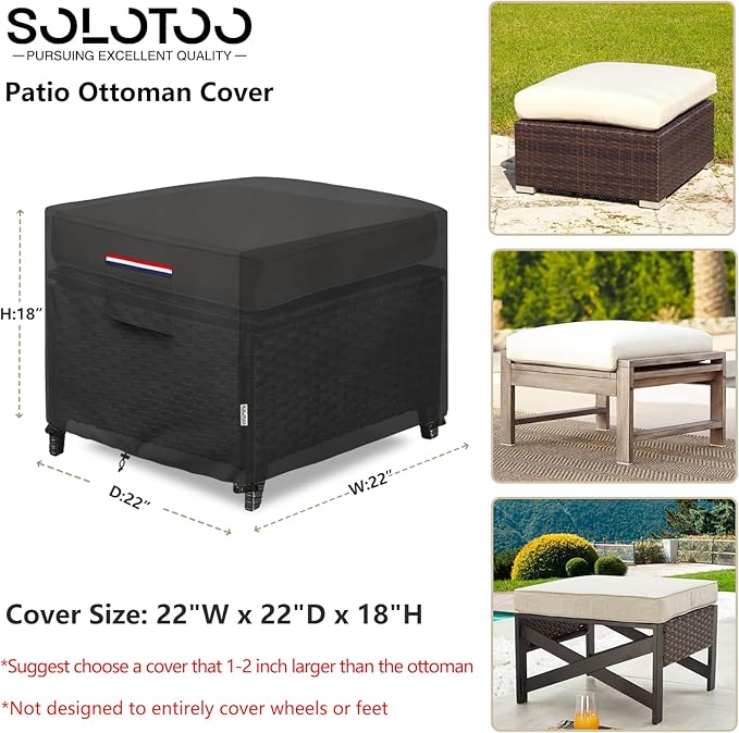 Patio Ottoman Cover Waterproof Heavy Duty Square Outdoor Ottoman Covers, 22W x 22D x 18H Inches Patio Furniture Covering Protector Outdoor Side Table Cover (Black)