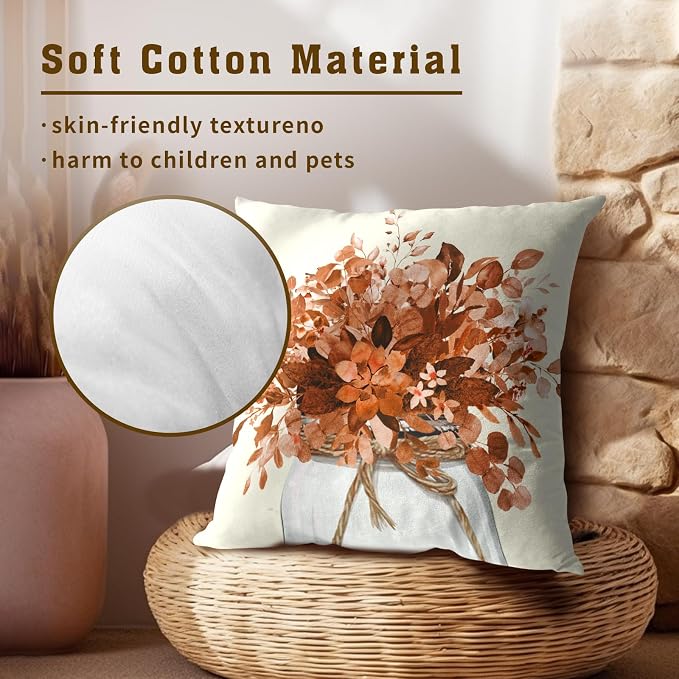 Fall Eucalyptus Throw Pillow Covers 16x16 Inch Set of 2, Orange Botanical Leaves Autumn Harvest Season Farmhouse Decorative Pillows Cushion Case for Sofa Couch Home Decor