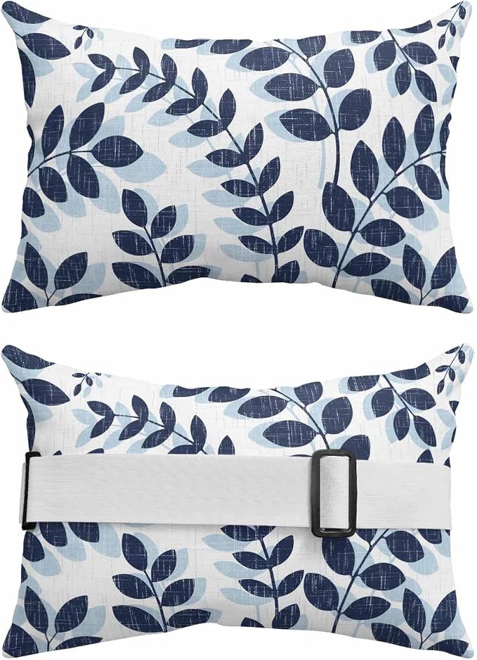 Chaise Lounge Headrest Pillow 1 Pack, Navy Blue Leaves Waterproof Chair Pillows with Insert & Adjustable Elastic Strap for Beach Recliner, Summer Farmhouse Botanical Boho Branch Outdoor Patio Pillow