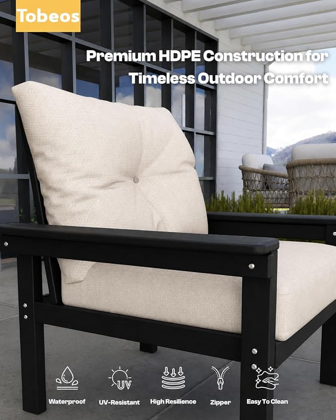 HDPE 7 Piece Patio Furniture Set, All-Weather Outdoor Couch Set with Thick Cushions & Table & Umbrella, Patio Conversation Sets for Lawn, Garden, Porch, Balcony, Deck, Poolside, Black & Beige