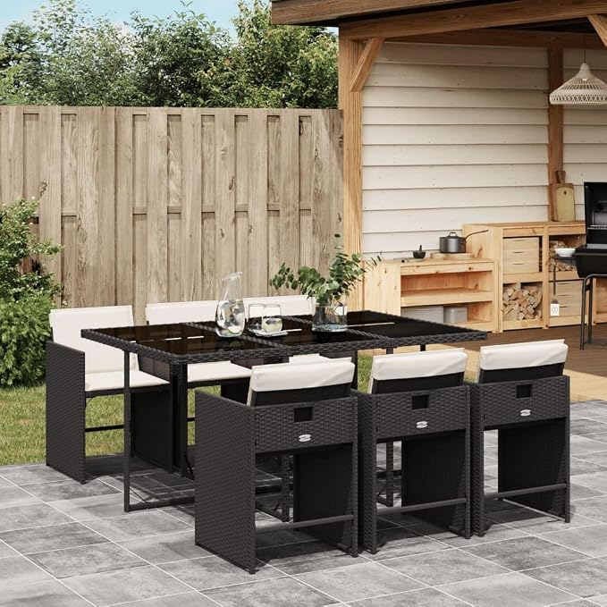 7 Piece Patio Dining Set with Cushions Black Poly Rattan Outdoor Garden Furniture Table and 6 Chairs for Backyard Poolside Relaxation Tempered Glass Top Foldable Storage