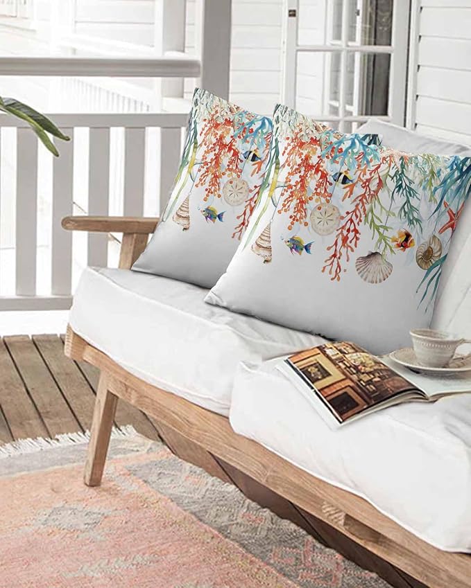 Outdoor Waterproof Throw Pillows Summer Colorful Coral Shell Conch Patio Pillows Pack of 2,Decorative Pillow Covers with Insert,Pillow Cushion Case for Garden Couch Sofa Sea Starfish Fish Marine Life