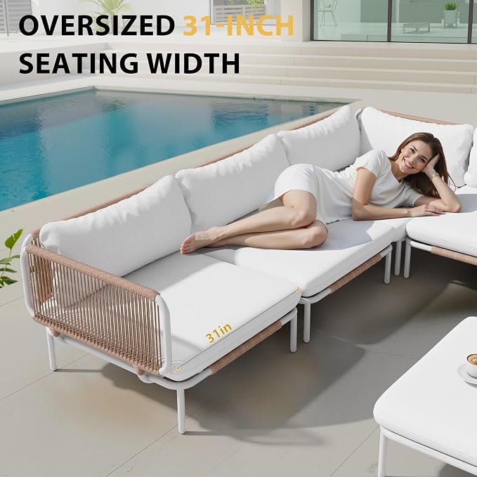 6-Piece Patio Furniture Set, Oversized Outdoor Sectional Sofa with Thick Cushions, Weather-Resistant Metal Frame Conversation Set for Backyard, Garden, Poolside - Beige Cushion