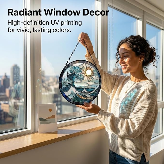 Birthday Gifts for Women - Blue Giant Waves Faux Stained Glass Window Hanging Sun Catcher for Door Garden Acrylic Home Sea Decor Mother's Day for Mom Nana Friend Grandma Wife 6.3"