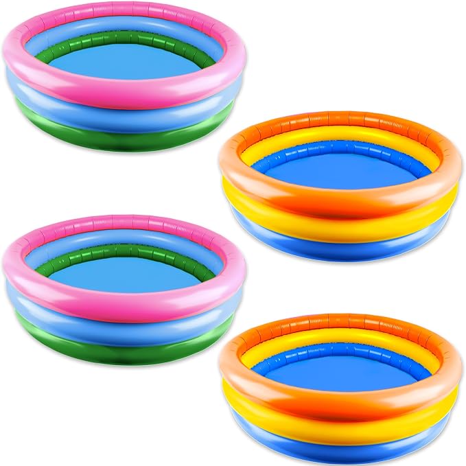 4 Pack Round Pools Bulk 34 x10 Inch Inflatable Swimming Pool 3 Rings Small Blow up Padding Ball Pond for Summer Outdoor Floats Water Game (Color Set 2)