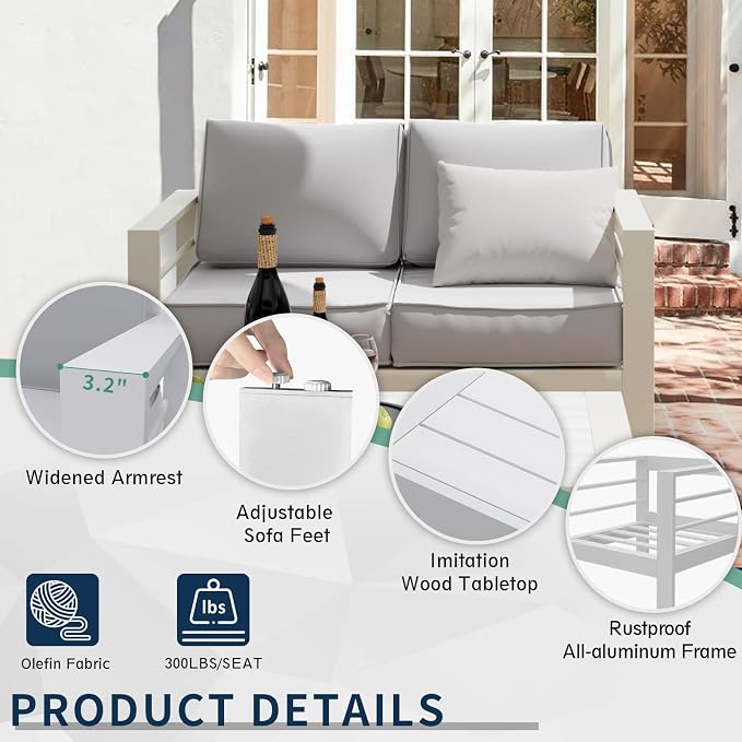 Amopatio Aluminum Patio Furniture, 5 Pcs Metal Modern Outdoor Patio Furniture Set, Outdoor Sectional Sofa for Balcony, Garden, White (Included Waterproof Covers)