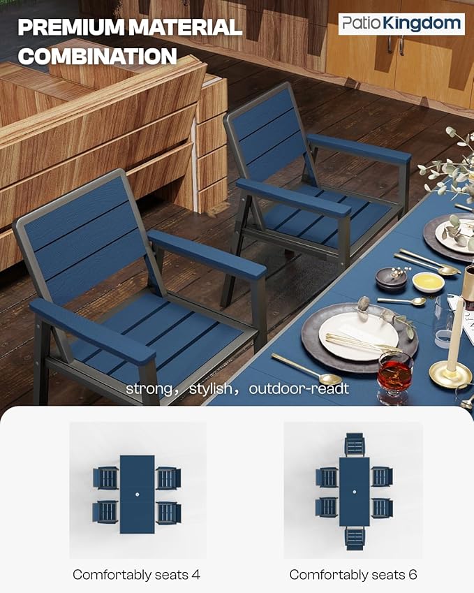7-Piece Patio Dining Set with 15FT Umbrella, Aluminum & HDPE Outdoor Table and Chairs, Weather-Resistant All-Season Backyard, Deck & Patio Dining Furniture with 2" Umbrella Hole (Navy)
