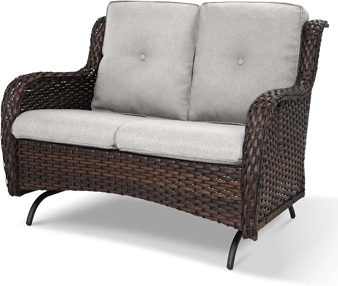 Patio Loveseat Wicker Loveseat Rattan Glider Sofa with Curved Armrest Thicking Back & Seat Cushions for Garden Balcony Backyard Brown Wicker|Beige Cushions (A) Patio Loveseat Glider