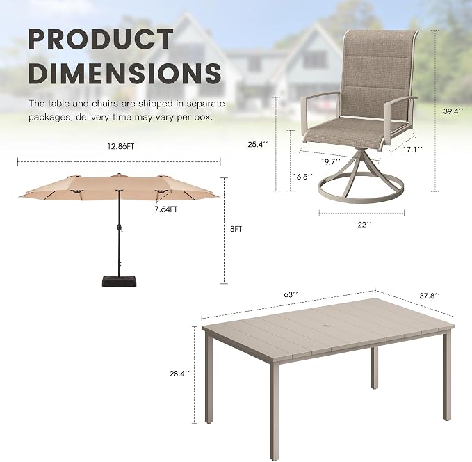 Outdoor Dining Set for 6, 8 Pieces Patio Table and Chairs Set with Umbrella, 63" Outdoor Dining Table and Padded Textilene Patio Swivel Chairs for Garden Backyard, Sandshell