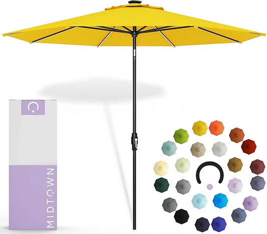 Midtown Umbrellas The LED Swilt 10 Feet Patio Umbrella With Terylast Sunflower (Yellow) Polyester Fabric - Auto-Tilt Aluminum Frame With LED Lights For Backyard, Deck, Garden, Pool - Black Pole