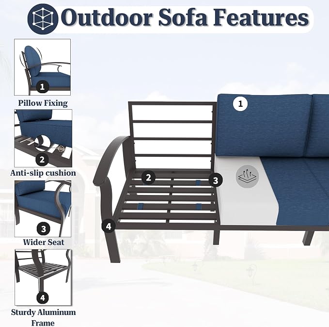 Kurapika Aluminum Patio Furniture Set 5-Seat Modern Metal Outdoor Conversation Sets w/5.1 Inch Cushion Patio Sectional Sofa, Navy Blue