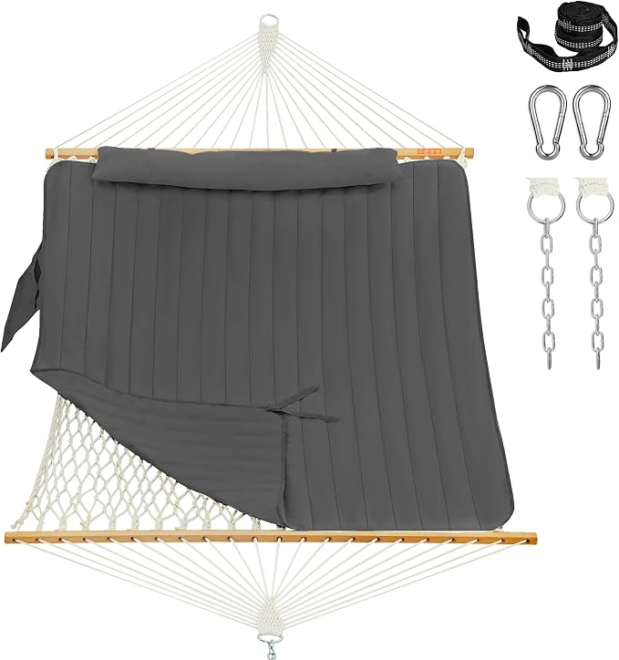 Lazy Daze Hammocks Rope Hammock with Pad, Spreader Bar, Carabiners, Tree Straps, Chains for Outside Patio- Max 450 Lbs, Dark Grey