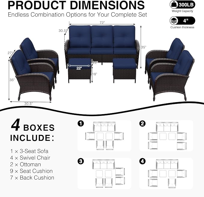 Joyside Wicker Patio Furniture Set, 7 Piece Outdoor Furniture Set with Thickened Cushions, High Back, Deep Seating, Wide Armrest, Rattan Outdoor Chairs for Porch, Deck