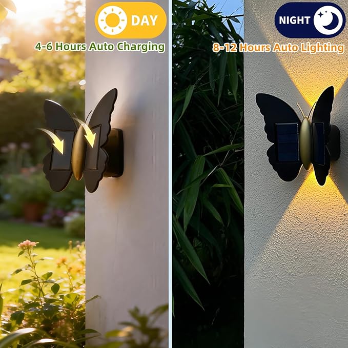 Butterfly Wall lihgts Decorations Solar Fence Lights Outdoor Solar Deck Light Waterproof LED Solar Powered Step Light Garden Butterfly Decorative Lighting for Front Door Yard Patio (Warm Light)