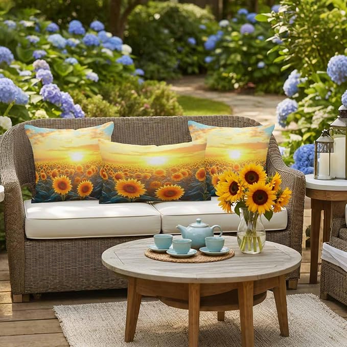 Summer Sunflower Waterproof Outdoor Pillow Covers Set of 2 Home Decor, Watercolor Pastoral Botanical Floral Pillowcase Patio Pillow Covers for Couch Bench Furniture Garden 20x12in