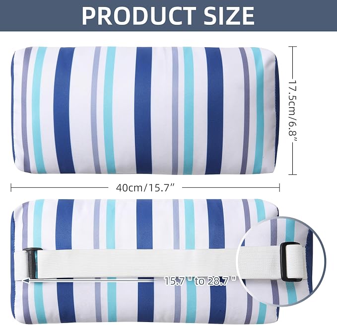 Headrest Pillow for Patio Chaise Lounge Chair, Outdoor Chaise Pillows with Adjustable Elastic Stripe Head Resting Pillows for Recliner Office Chair, Blue White Stripe 1 Pack