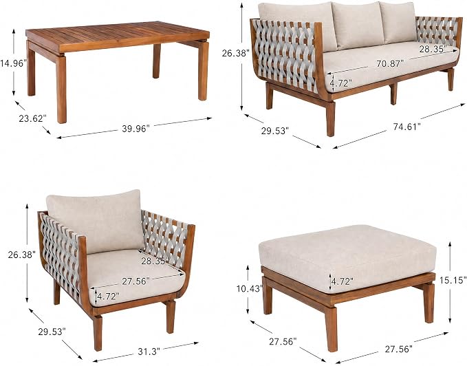Christopher Knight Home Gwen 5 Piece Acacia Wood Patio Conversation Set with Sofa, Coffee Table, Ottoman and Club Chairs, Patio Sofa Set with Cushions, Outdoor Patio Furniture Set for 6,Teak+Beige