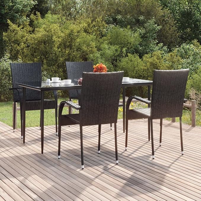 5 Piece Patio Dining Set Black Poly Rattan Outdoor Furniture Table and 4 Chairs with Tempered Glass Top for Garden Backyard Deck Entertaining