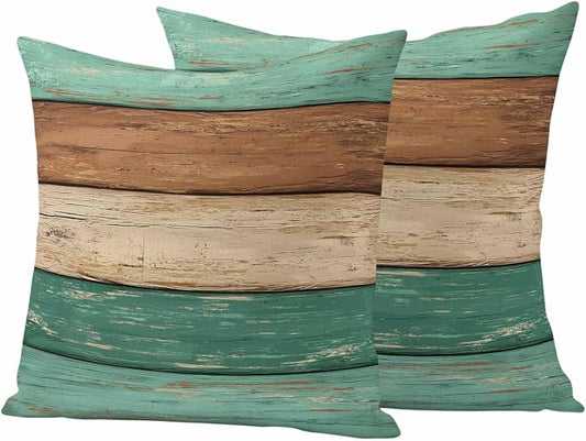 Farmhouse Teal Brown Outdoor Waterproof Pillow Covers, Vintage Wooden Striped Decorative Square Throw Pillowcase Sofa Cushion Sham for Patio/Couch/Chair, 20"x20" 2 Pack