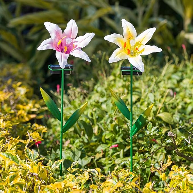 Solar Garden Lights Outdoor,2 Pack Lily Flowes Solar Garden Lights,Waterproof Decorative Metal Flowers Lights for Outside Lawn Patio Pathway