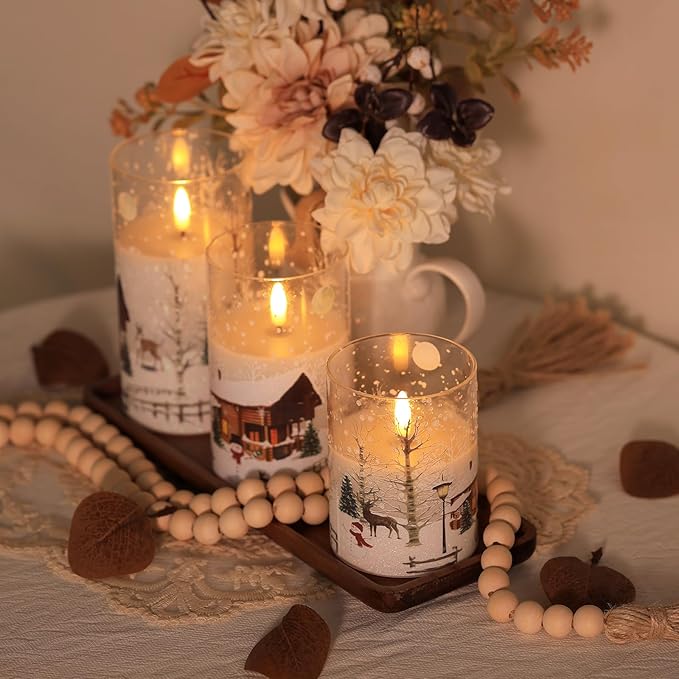 Christmas Flickering Flameless Candles with Remote, 3D Wick Battery Operated Candles, Real Wax in Glass LED Candles for Holiday Festival, Home, Gift