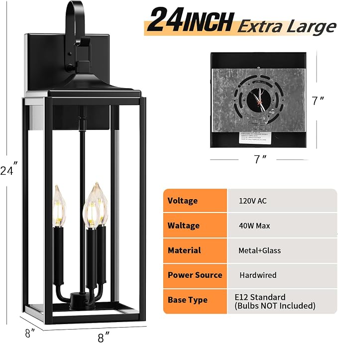 24" Extra Large Outdoor Wall Light 2 Packs, Exterior Lighting Fixtures | Black Outdoor Porch Lantern Wall Mounted, Waterproof Modern Outside Wall Sconce, E12 3-Light Coach Lamp for House Garage
