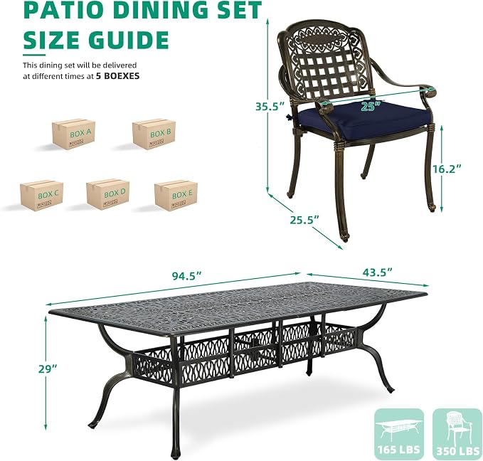 VIVIJASON 9-Piece Outdoor Dining Set, Cast Aluminum Retro Patio Furniture Table and Chairs Set for 8, Include Large 94.5" Rectangular Dining Table and 8 Chairs with Umbrella Hole, Navy Blue Cushion