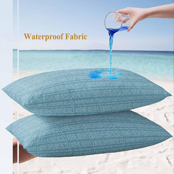 Outdoor Waterproof Throw Pillow Covers Set of 2 Teal Stripes Grain Lumbar Pillowcases 20x12 Inches Solid Color Decorative Pillows Cushion Case Patio Pillows for Couch Bed Chair Garden