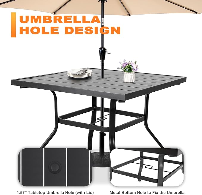 NUU GARDEN 5-Piece Outdoor Patio Furniture Dining Set, 37" Square Metal Table with 1.6" Umbrella Hole and 4 Textilene Padded Chairs, All-Weather Dining Set for Backyard, Deck, Garden, Blue