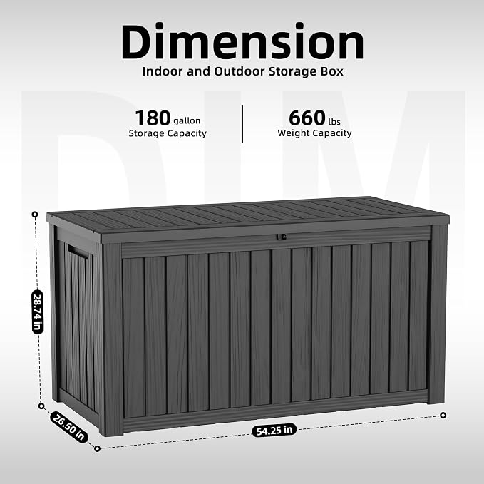 Vixzen 180 Gallon Deck Boxes Outdoor Waterproof, Large Resin Lockable Storage Box with lid for Patio Furniture Cushions, Weatherproof Outdoor Storage Boxes for Garden Tools & Pool Accessories(Black)