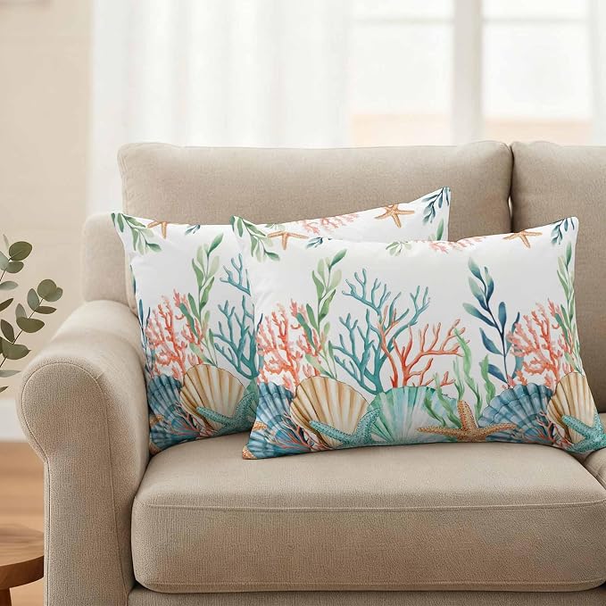 Lumbar Pillow Covers 20x12 Inch Set of 2, Marine Life Waterproof Outdoor Pillow Covers, Nautical Underwater Coral Shell Starfish Watercolor Decorative Cushion Pillowcases for Couch, Sofa, Bed, Patio