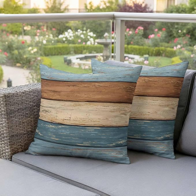 Farmhouse Blue Brown Outdoor Waterproof Pillow Covers, Vintage Wooden Striped Decorative Square Throw Pillowcase Sofa Cushion Sham for Patio/Couch/Chair, 16"x16" 2 Pack
