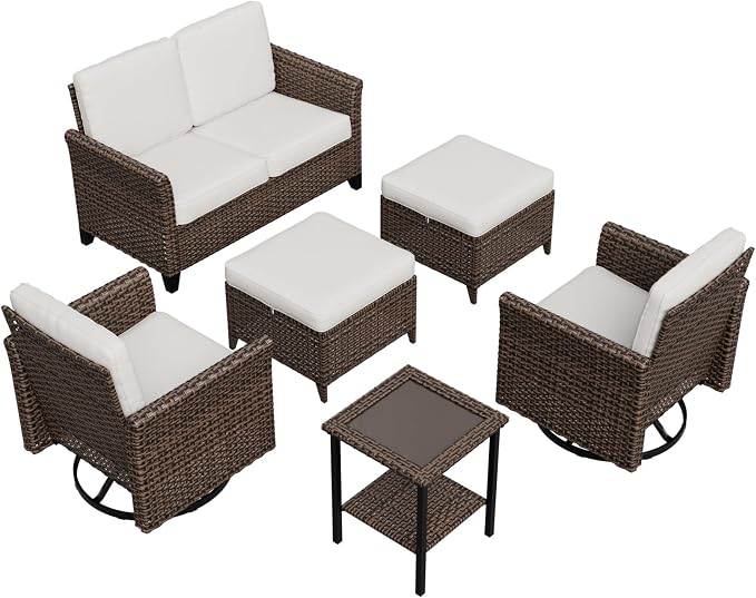COOS BAY Harbor Retreat 6 Piece Outdoor Furniture Set, Patio Conversation Set with Swivel Rocking Chairs, 2 Seat Loveseat, Side Table and Ottomans, Wicker Furniture, Brown/Beige