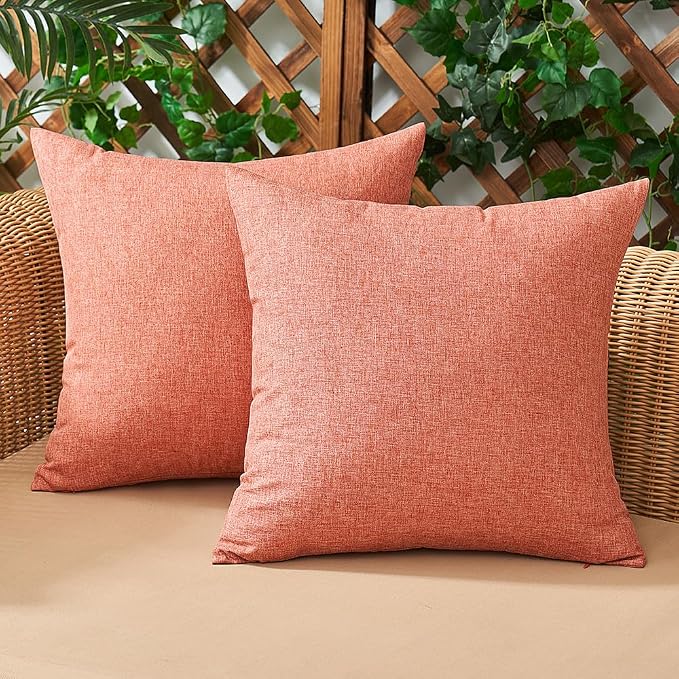 Outdoor Waterproof Throw Pillow Covers Coral Red 18x18 Set of 2 | Decorative Farmhouse Linen Pillowcases Solid Cushion Cases for Patio Tent Balcony Couch Sofa Living Room