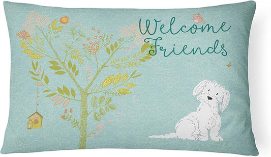 Caroline's Treasures BB7639PW1216 Welcome Friends Maltese Canvas Fabric Decorative Pillow Machine Washable, Indoor Outdoor Decorative Pillow for Couch, Bed or Patio, 12HX16W