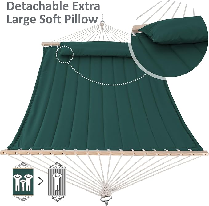 SUNCREAT 2 Person Hammocks for Outside with Stand, Extra Large Double Hammock with Wooden Stand, Dark Green