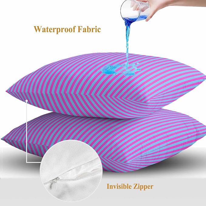 Throw Pillow Covers 20x20 Inch Set of 2, Purple Striped Waterproof Outdoor Cushion Covers, Geometric Pink Vertical Solid Rainbow Decorative Pillowcases for Couch, Sofa, Bed, Garden, Patio