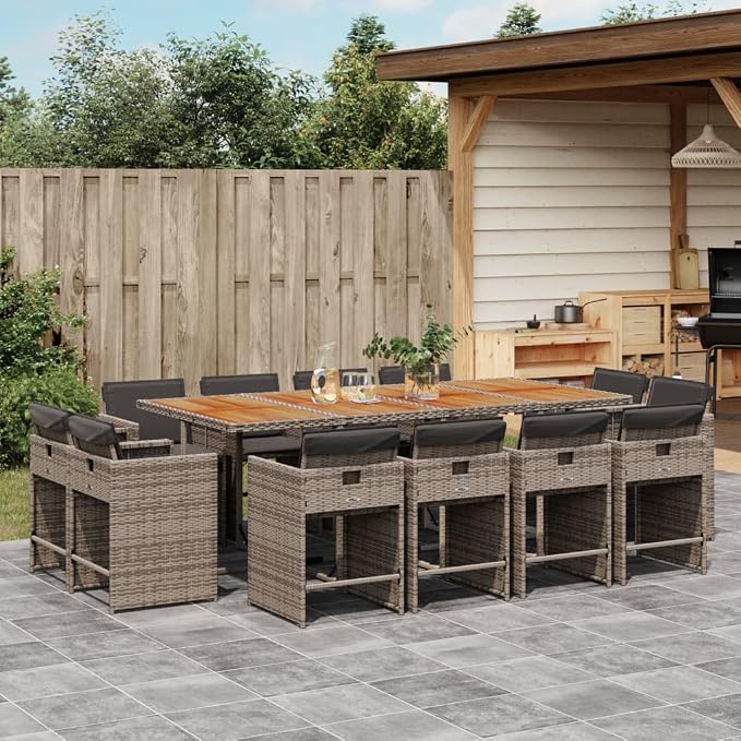13 Piece Outdoor Patio Dining Set with Cushions Gray Poly Rattan Folding Chairs Acacia Wood Table for Backyard Garden