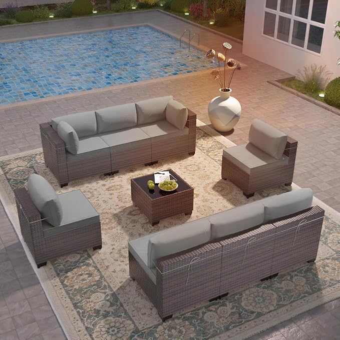 9 Pieces Outdoor Patio Furniture Sets,Wicker Conversation Set Sectional Sofa,Includes 8 All-Weather High Back PE Rattan Seating Components w/Thickened Cushions&Coffee Table,Gray