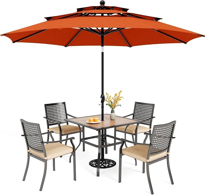 PHI VILLA Outdoor Table Chairs Set w/Umbrella, 5pc Patio Metal Furniture | 37" wrought iron square table w/ polywood top & stackable chairs for 4. 10ft red umbrella. Dining set for deck, porch